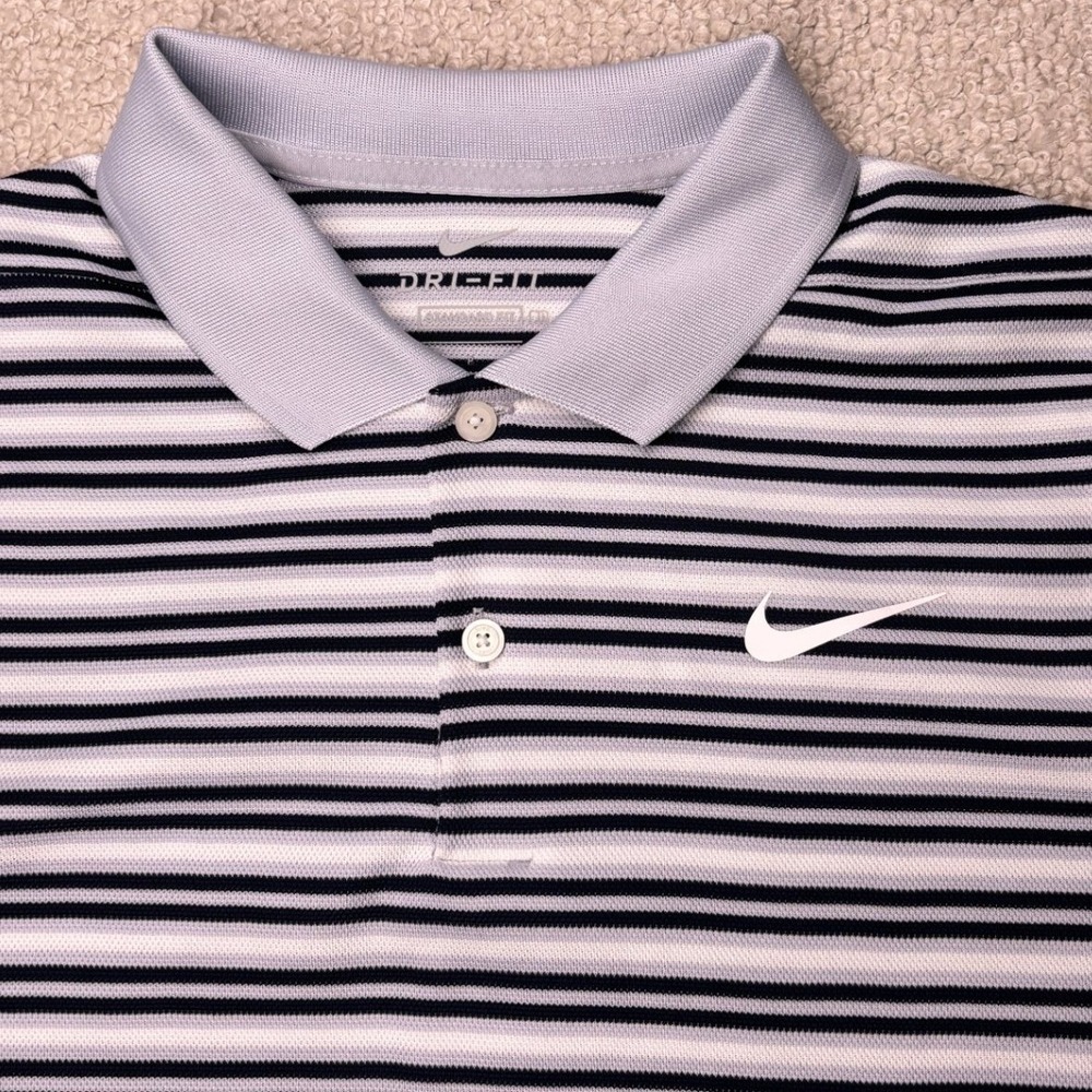 Nike Dri-FIT Polo Shirt Men Small Black White Grey Striped Golf Short Sleeve